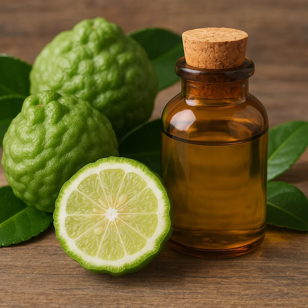 Bottle of essential oil with bergamot fruit and leaves on a wooden background