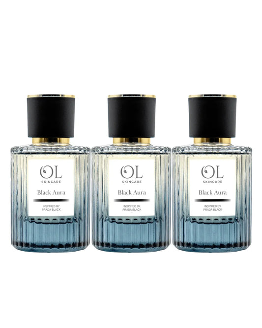 Three aftershave bottles of OL Skincare Black Aura product on a white background