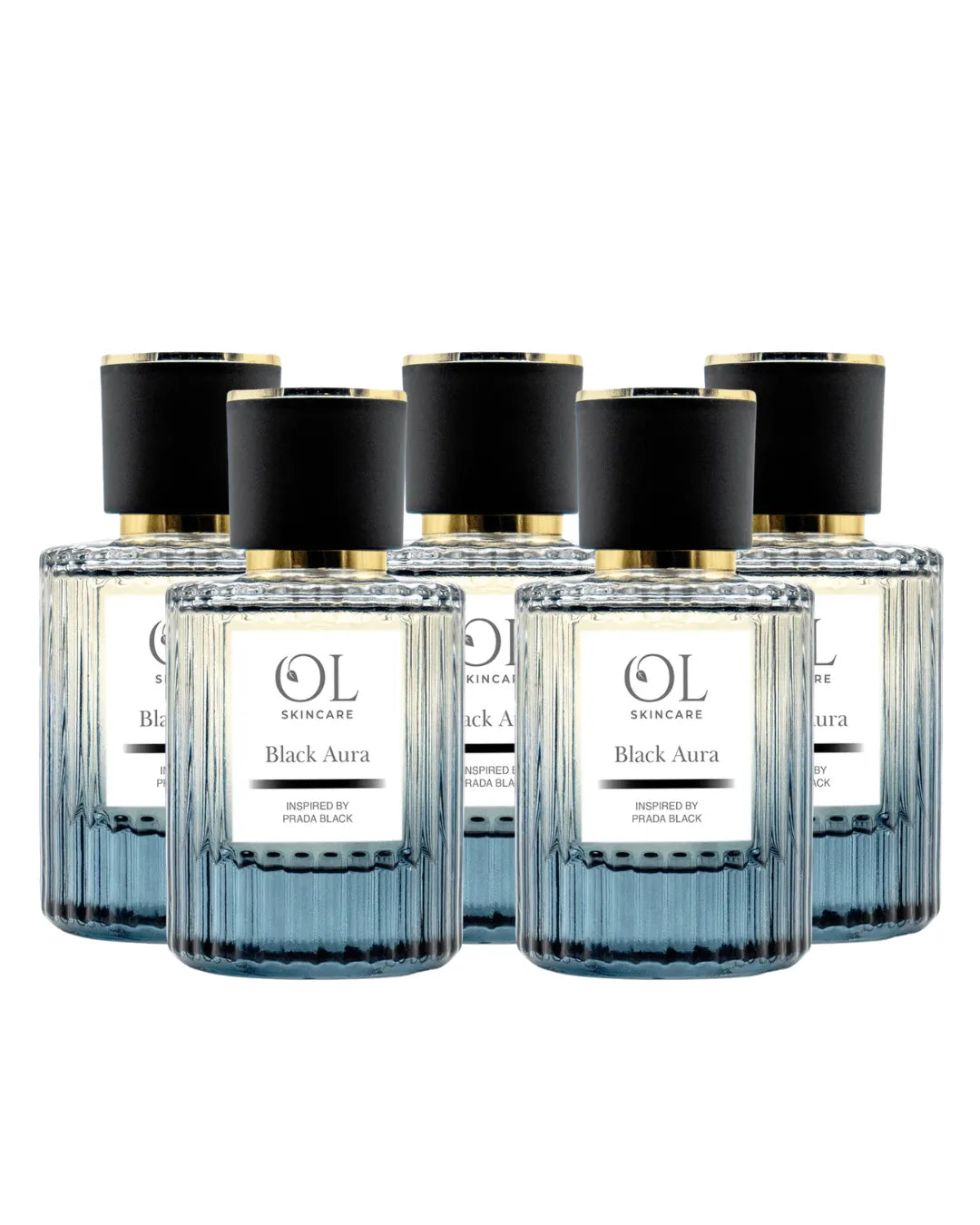 Set of five aftershaves bottles labeled 'Black Aura' on a white background