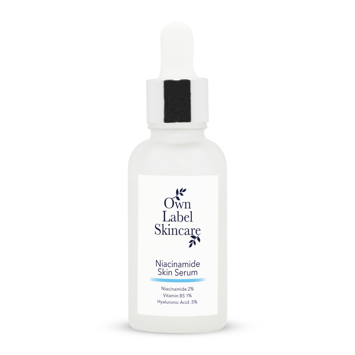 Niacinamide serum bottle on a white back ground, this formula will reduce inflammation, balance oil production on the skin, and even out the skin tone. Leaving a more radiant complexion.
