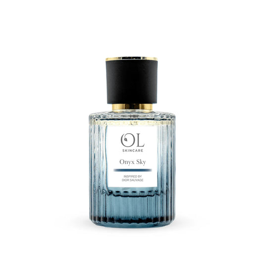 Aftershave bottle labeled 'Onyx Sky' by OL Skincare on a white background