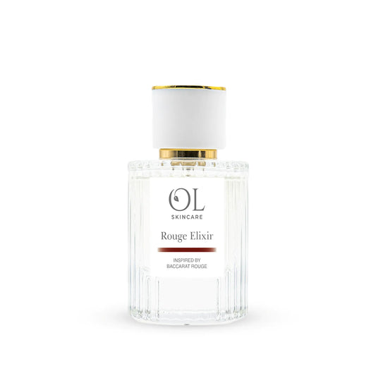 Skincare bottle labeled 'OL Skincare Rouge Elixir' on a white background