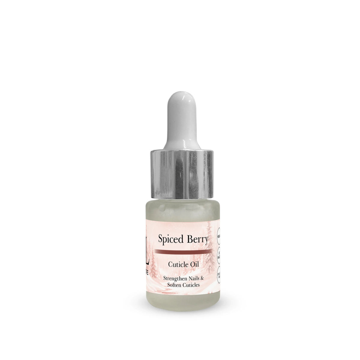 A small glass dropper bottle of Spiced Berry Cuticle Oil with a white dropper cap, silver collar, and a white label with pink accents, set against a plain white background.