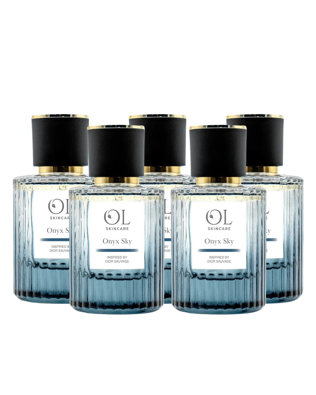 Set of five aftershave bottles with black caps on a white background