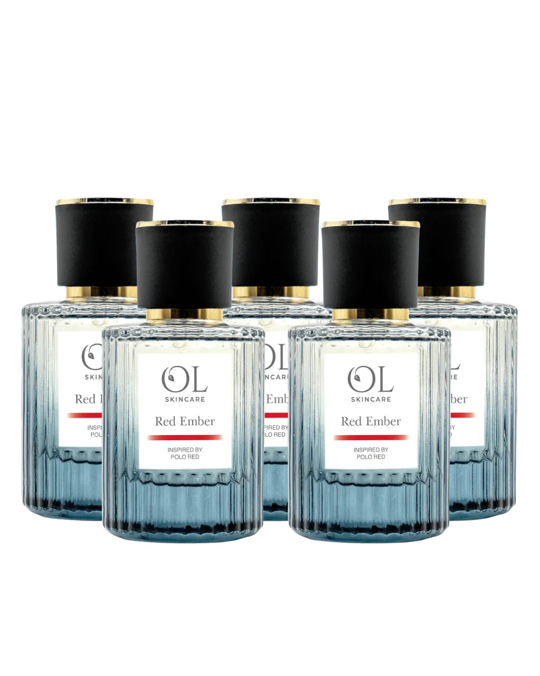 Set of six OL Skincare Red Ember aftershave on a white background