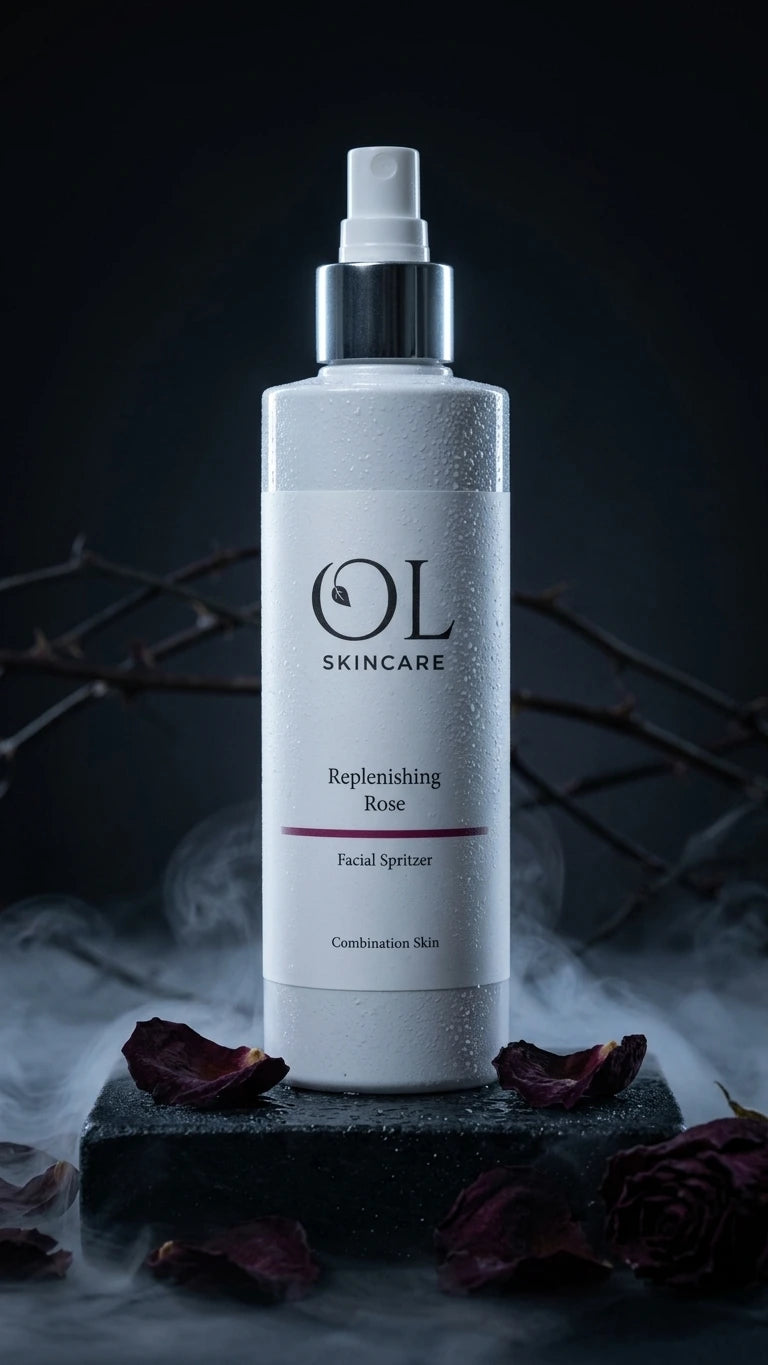 OL Skincare Replenishing Rose Facial Sprayer bottle, presented on a dark stone pedestal with rose petals and smoke against a dark background.