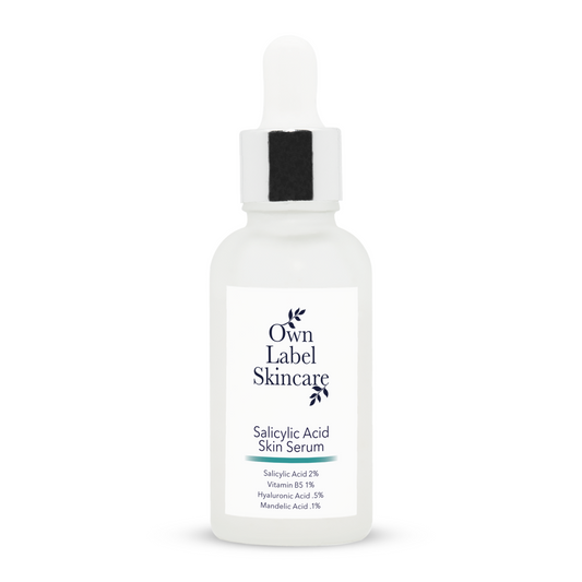 salicylic acid serum on a blank white background bottle , reduces skin breakouts and helps improve the skin to leave it with a smoother and clearer complexion| own label skincare
