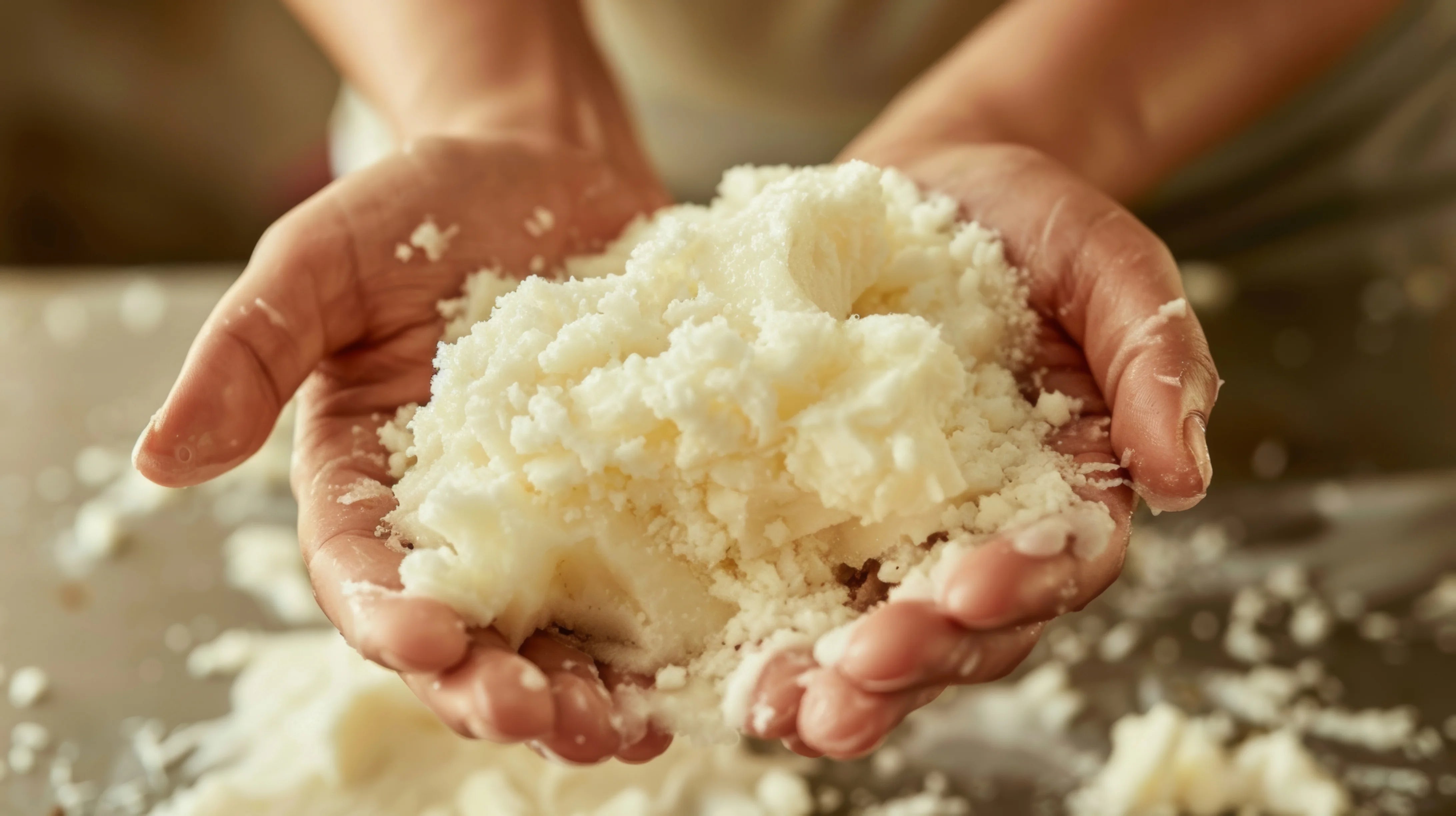 Hands holding a clump of white shea butter on a blurred background