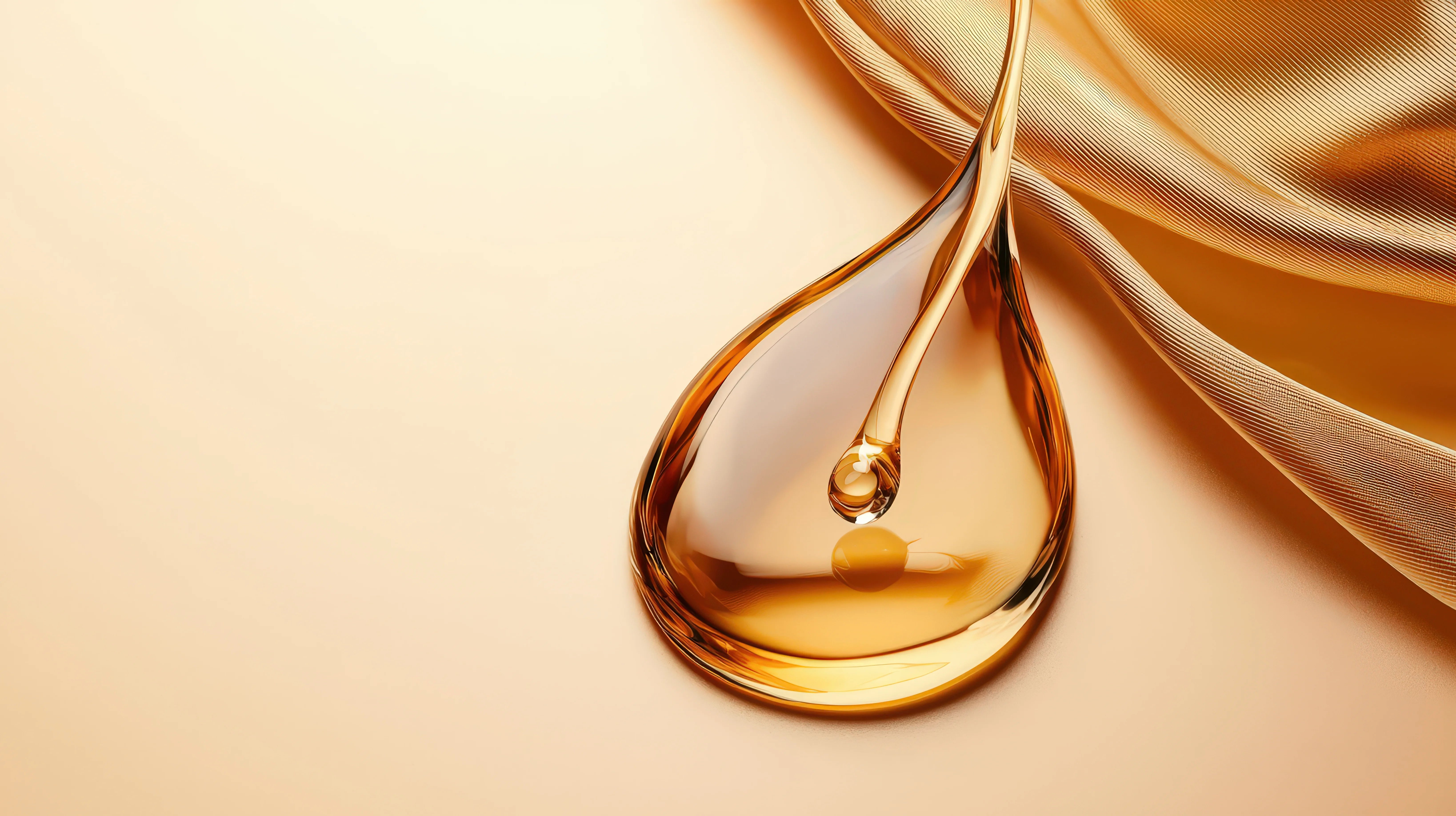 Gold droplet of liquid on a beige background