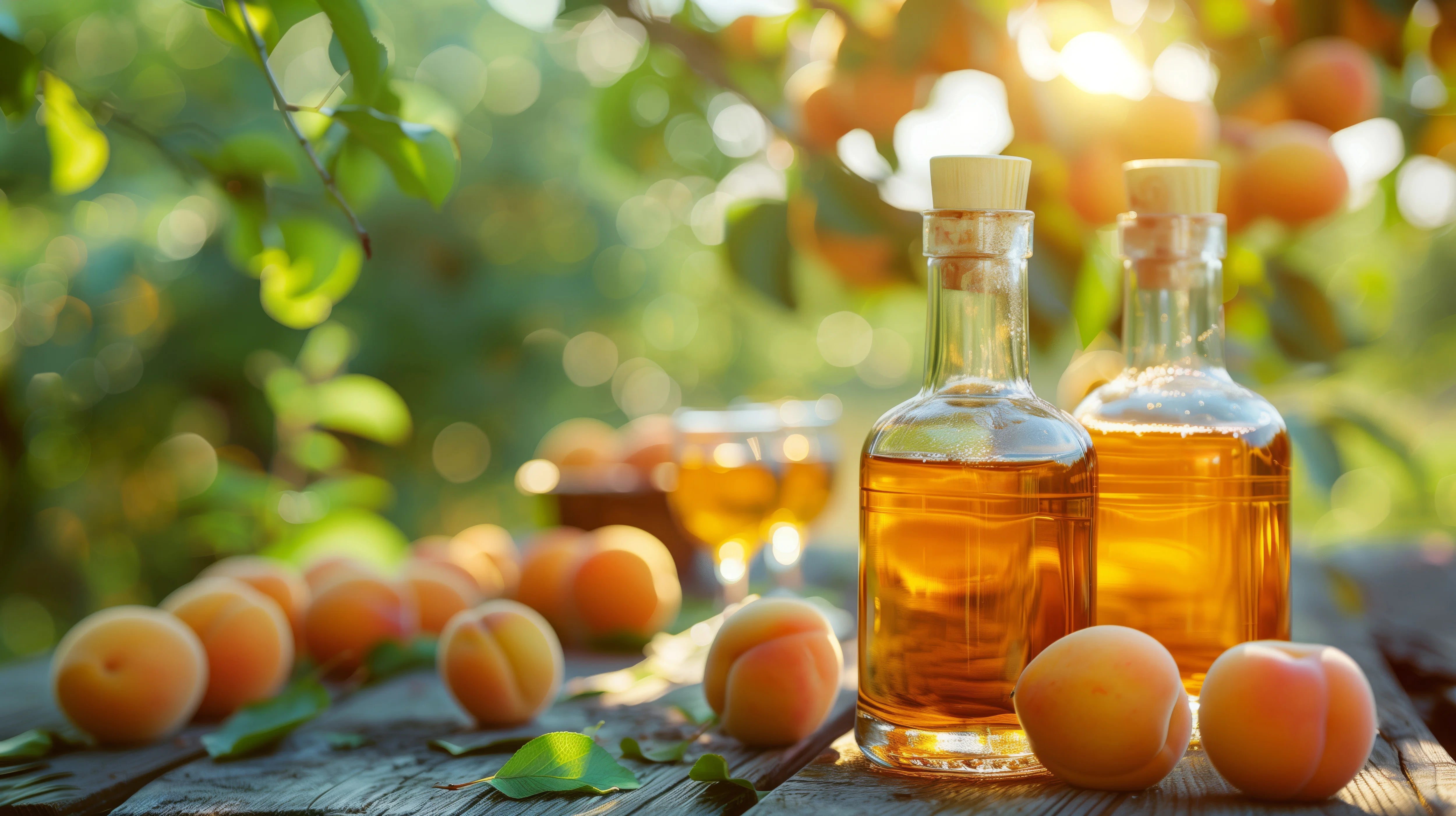 Two bottles of amber oil on a wooden table with apricots and glasses in an outdoor setting.