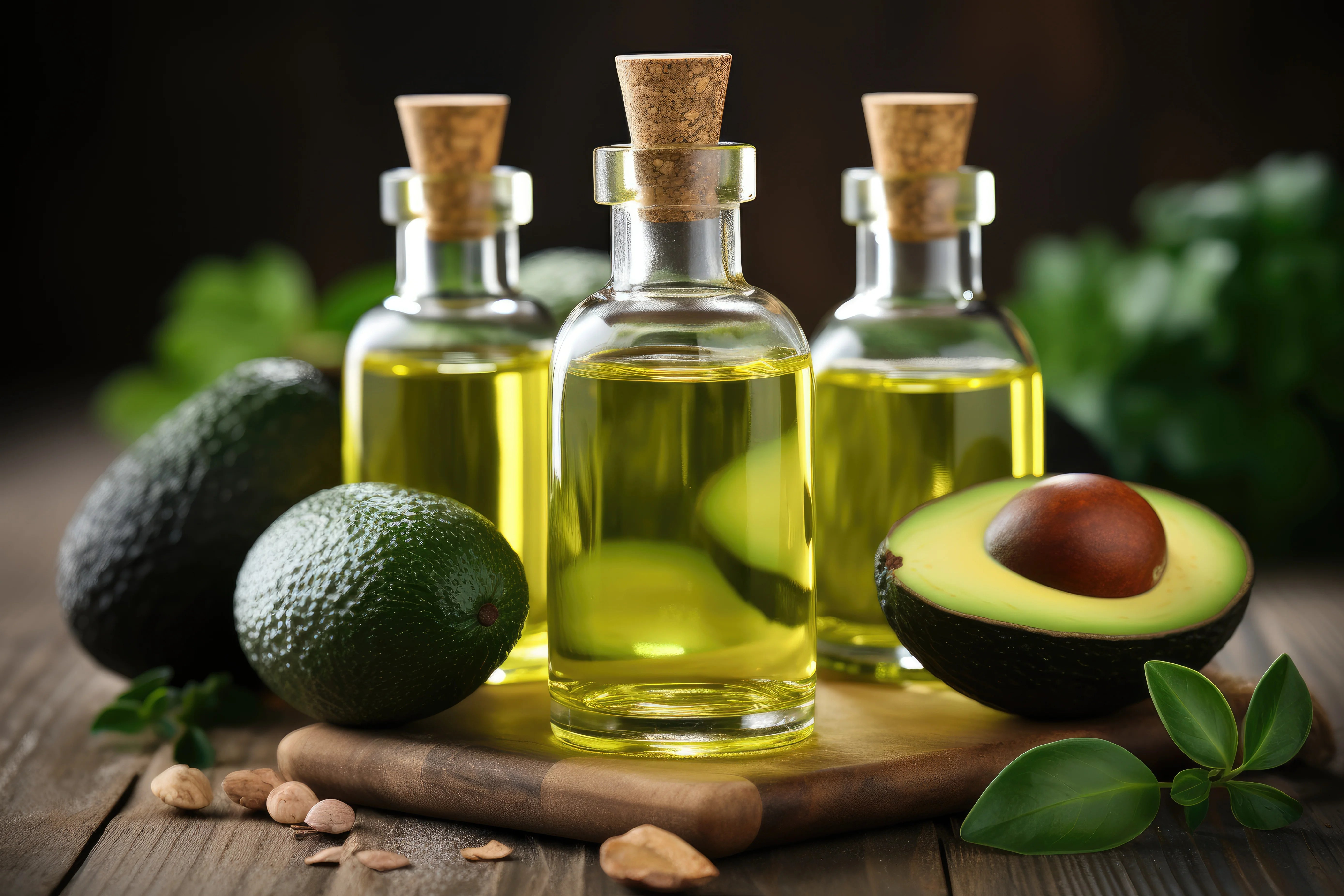 Three bottles of avocado oil on a wooden board with avocados and nuts around.