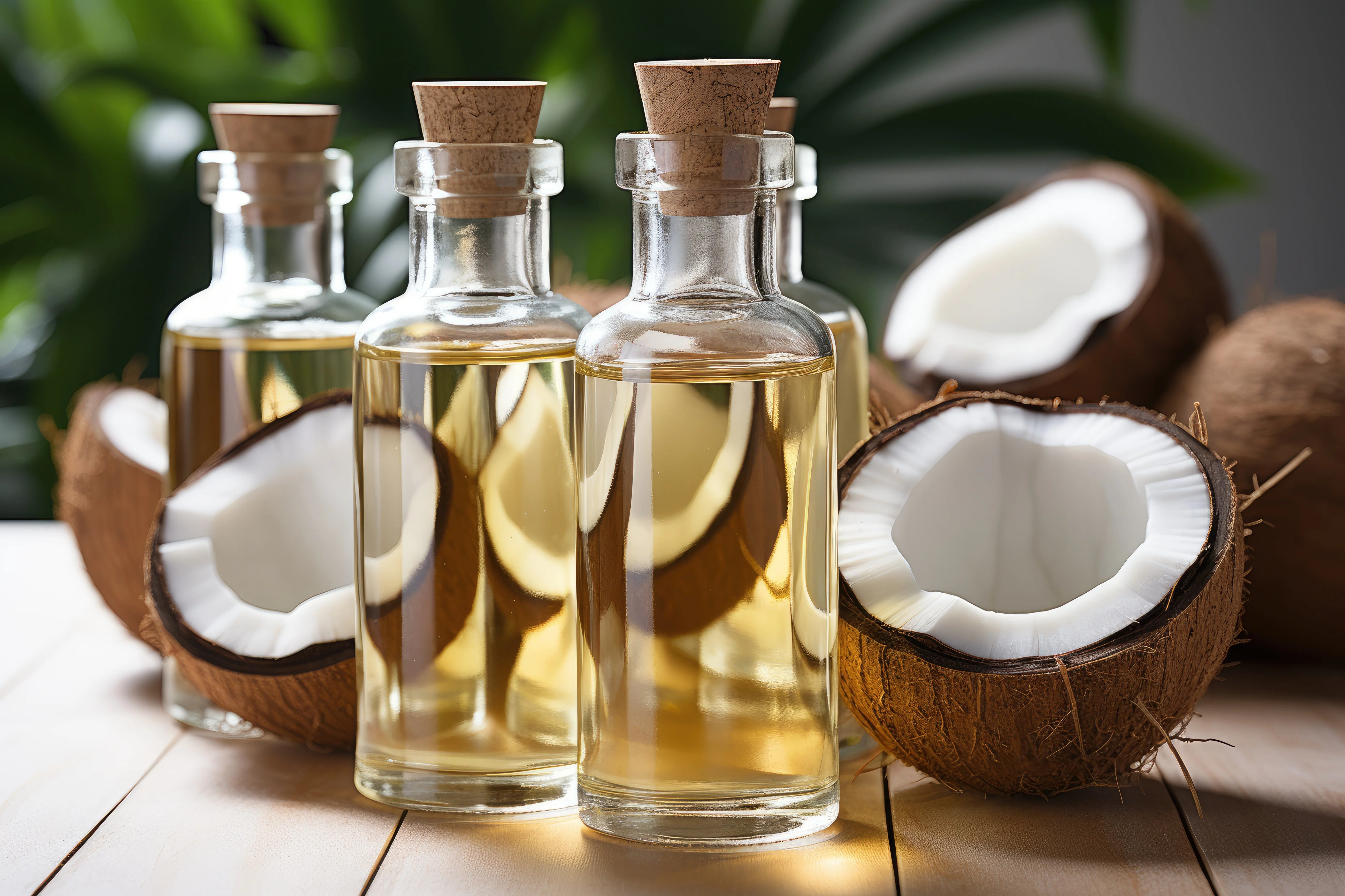 Coconut oil in glass bottles with coconut halves on a wooden surface