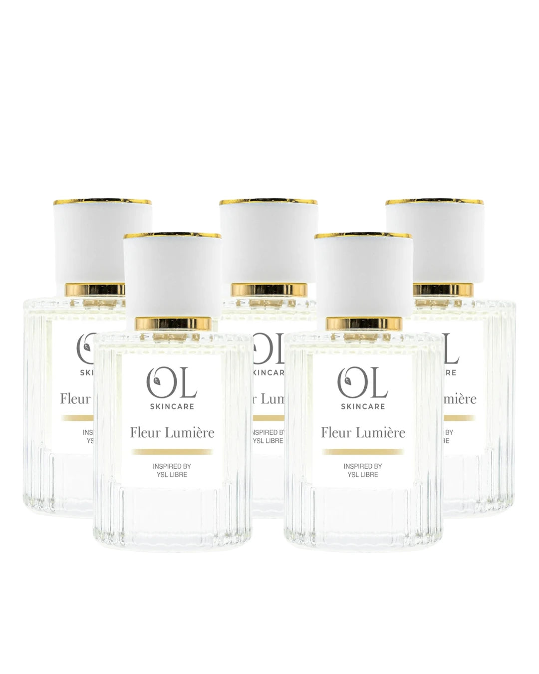 5 bottles of own label skincare fleur lumiere perfume.