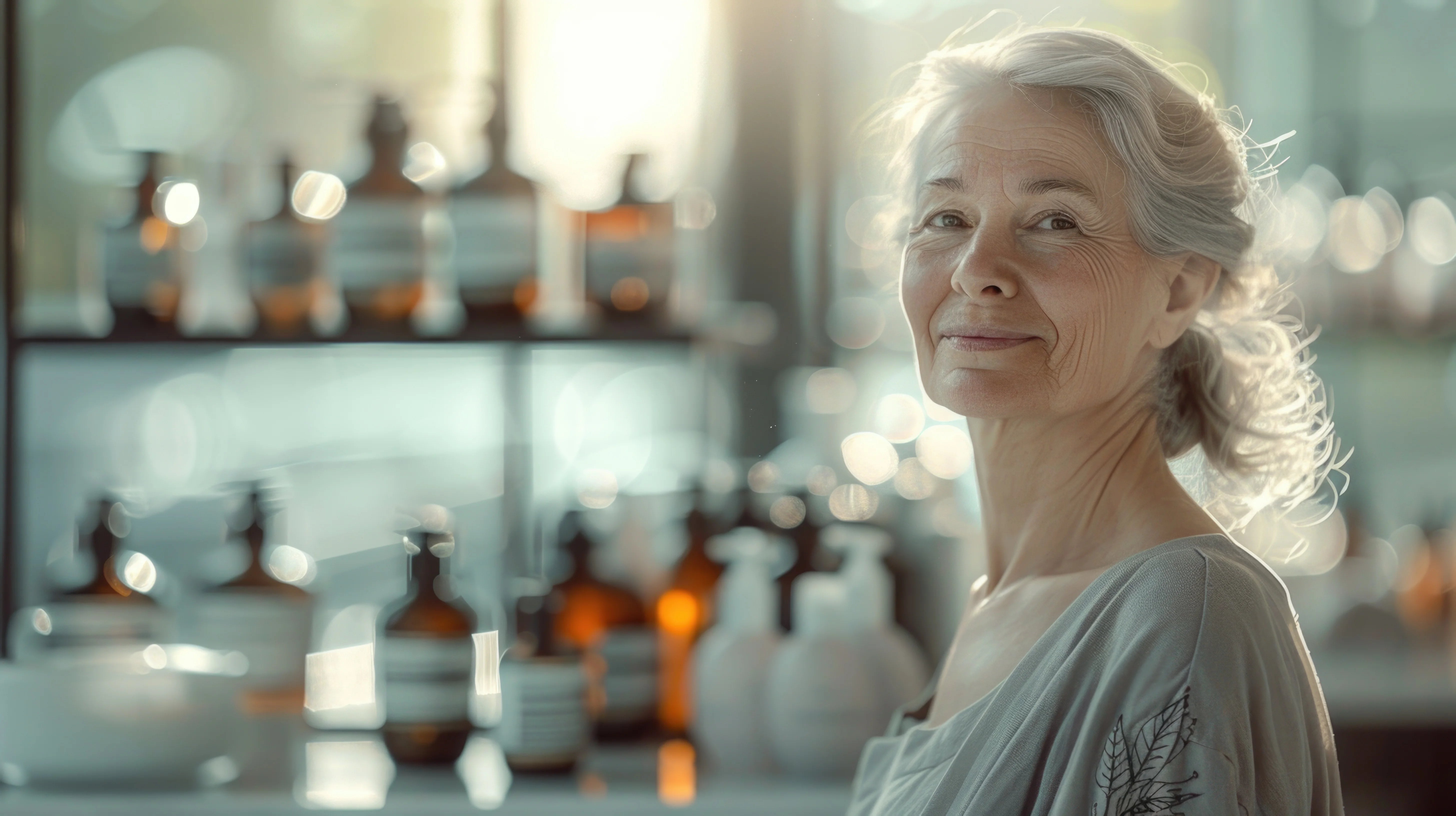 Woman standing in a room with shelves of bottles, possibly a laboratory or store.