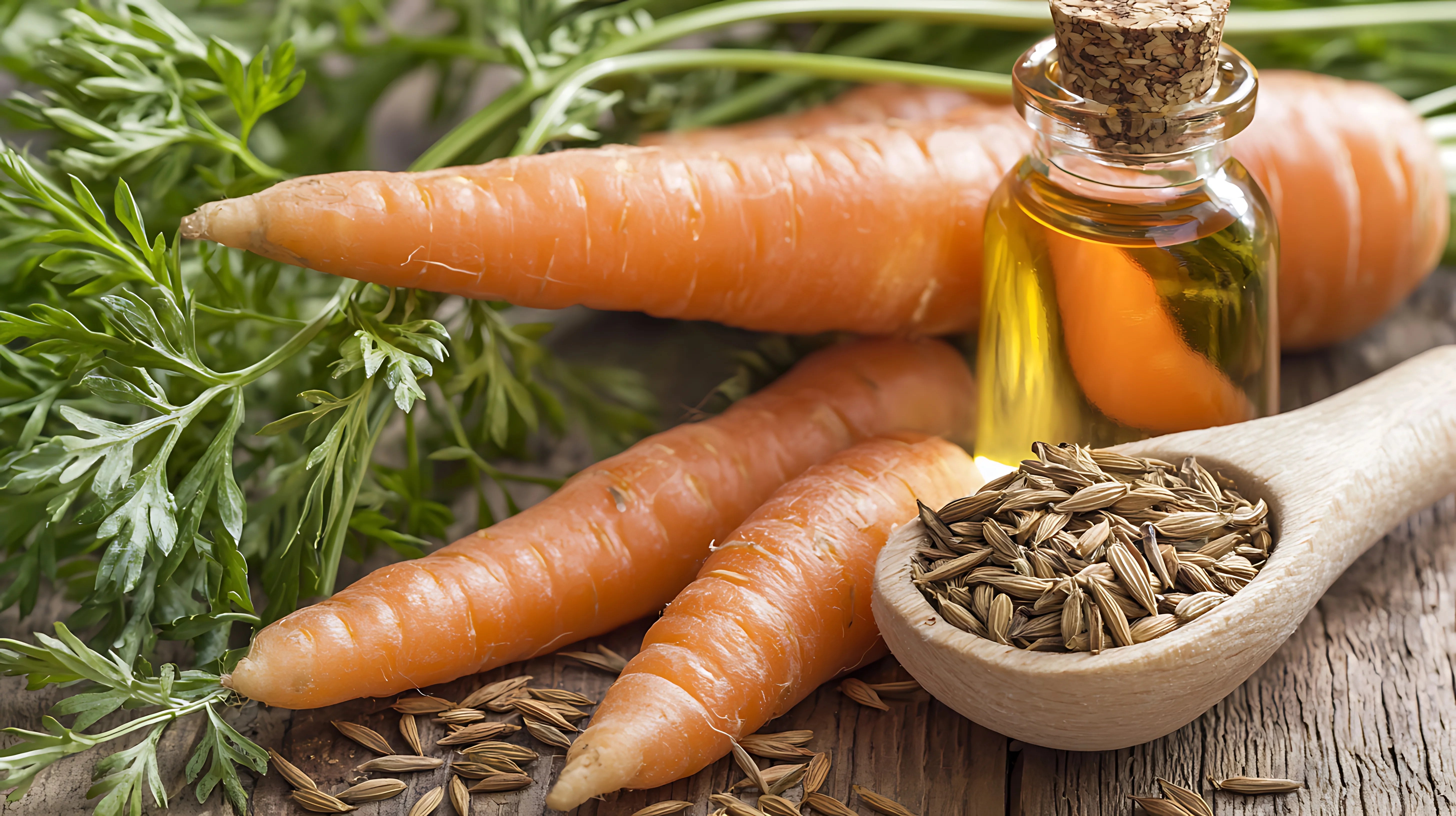 Carrots, cumin seeds, and a bottle of oil on a wooden surface with greenery.