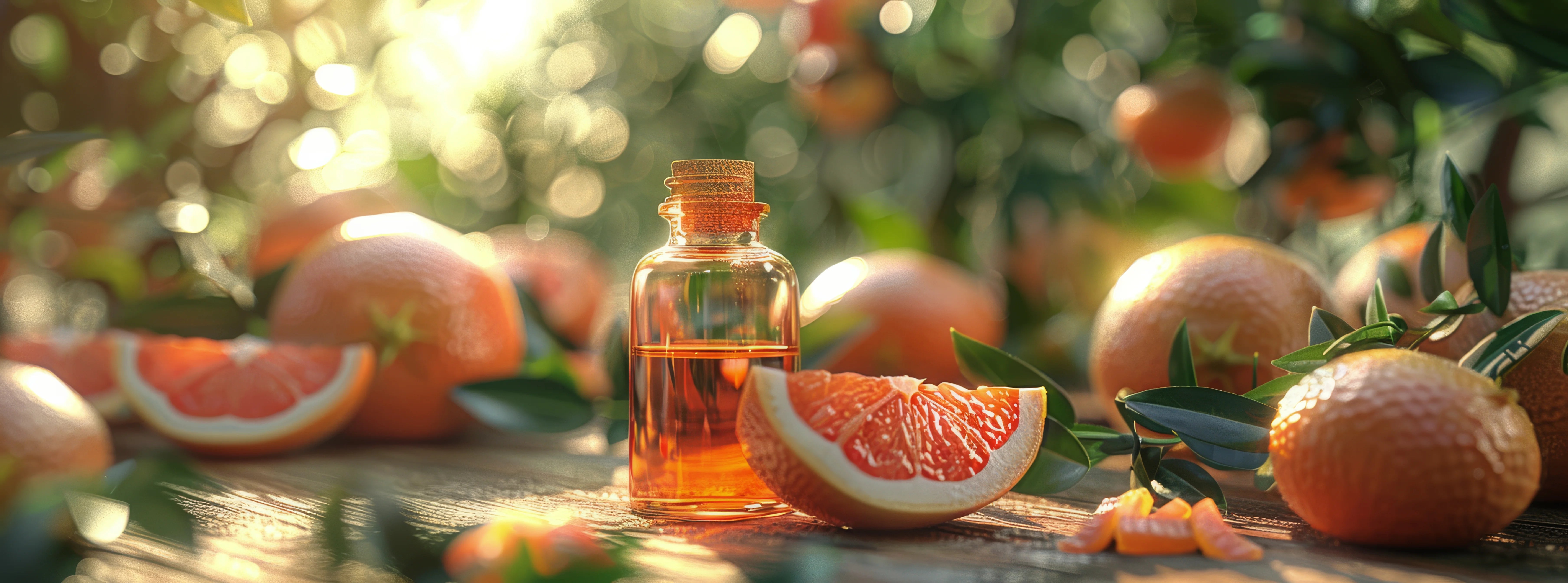 Bottle of grapefruit oil with fresh grapefruits on a wooden surface