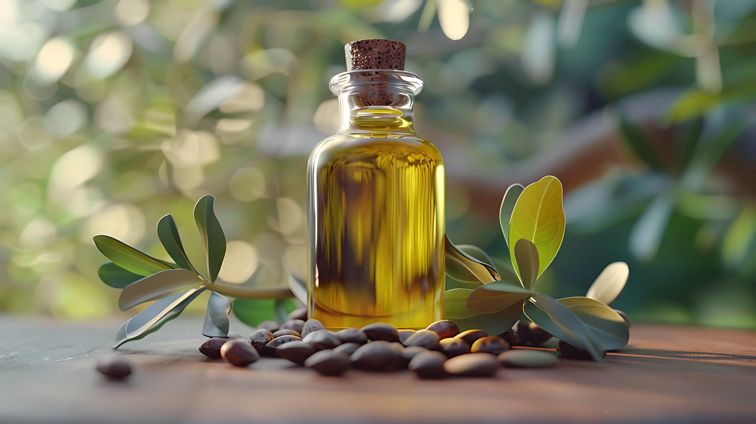 Bottle of jojoba oil with leaves and seeds on a wooden surface