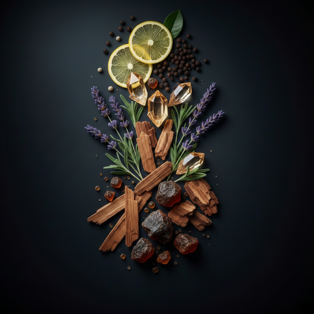 A styled flat-lay arrangement of natural ingredients on a dark background, including sliced lemons, lavender sprigs, cinnamon sticks, dark brown bark pieces, green leaves, and several faceted clear crystal-like stones.