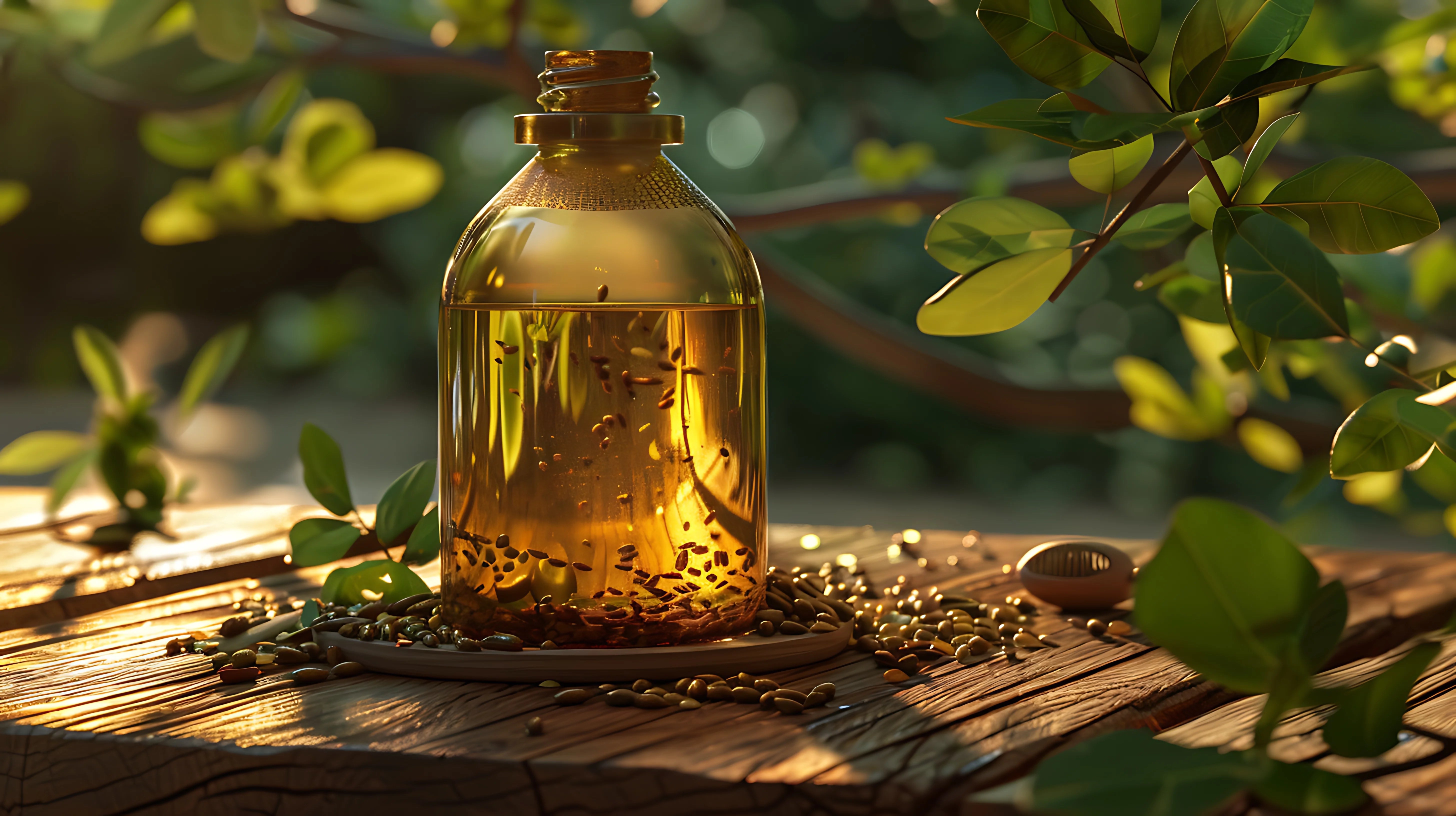 Amber glass bottle with a cork lid on a wooden surface with green leaves in the background