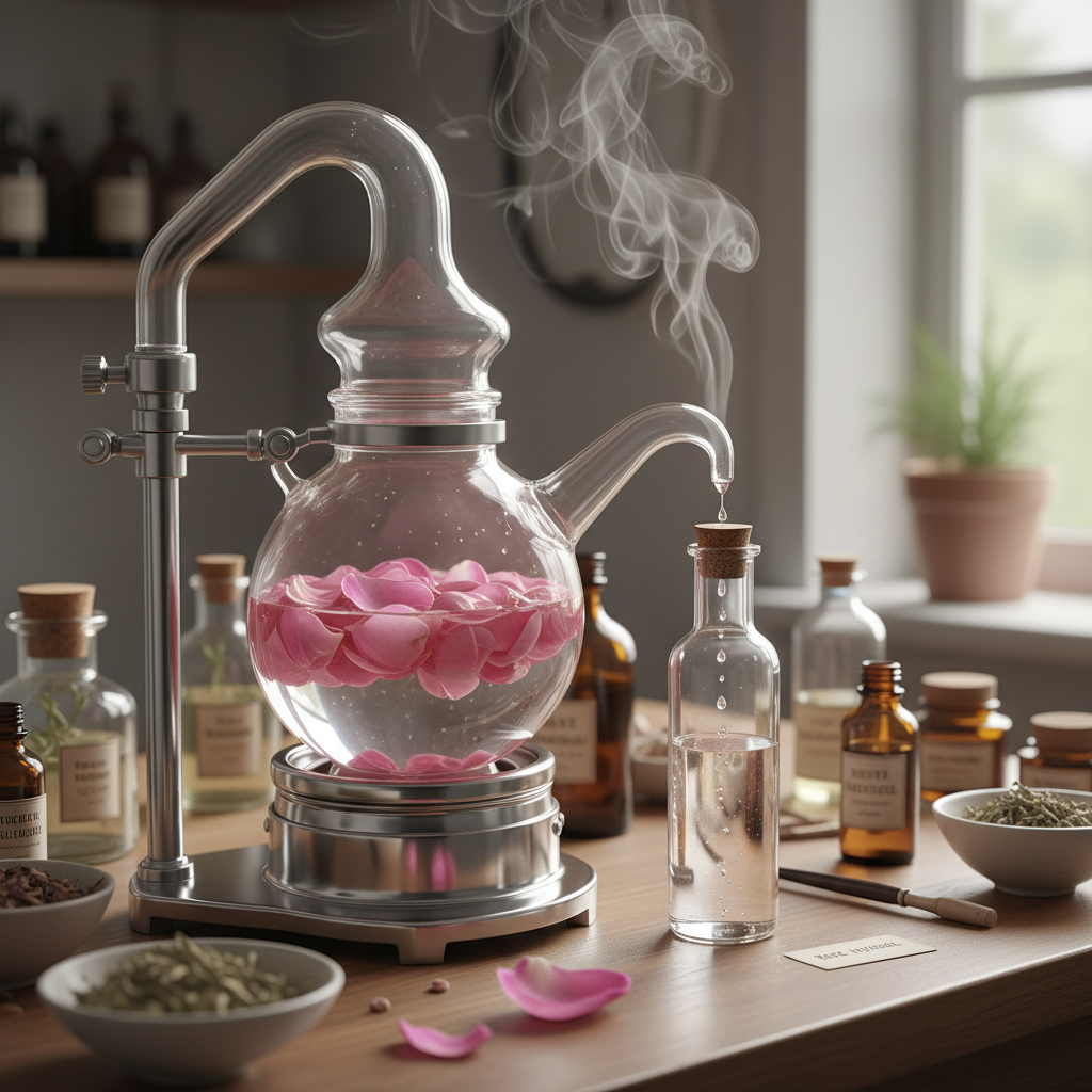 rose flower water being distilled