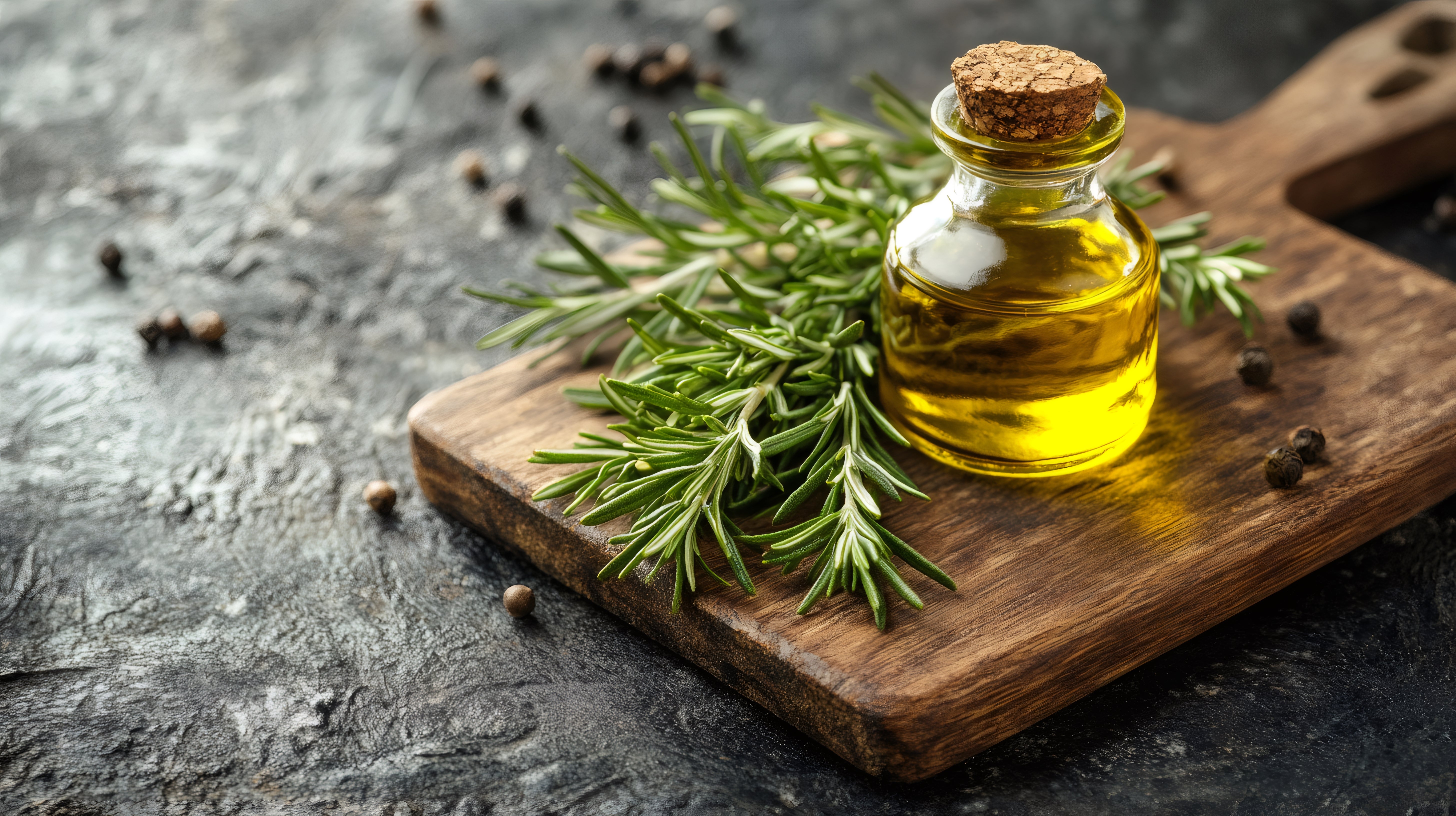 Small bottle of oil with a cork on a wooden cutting board with rosemary leaves and peppercorns on a dark surface