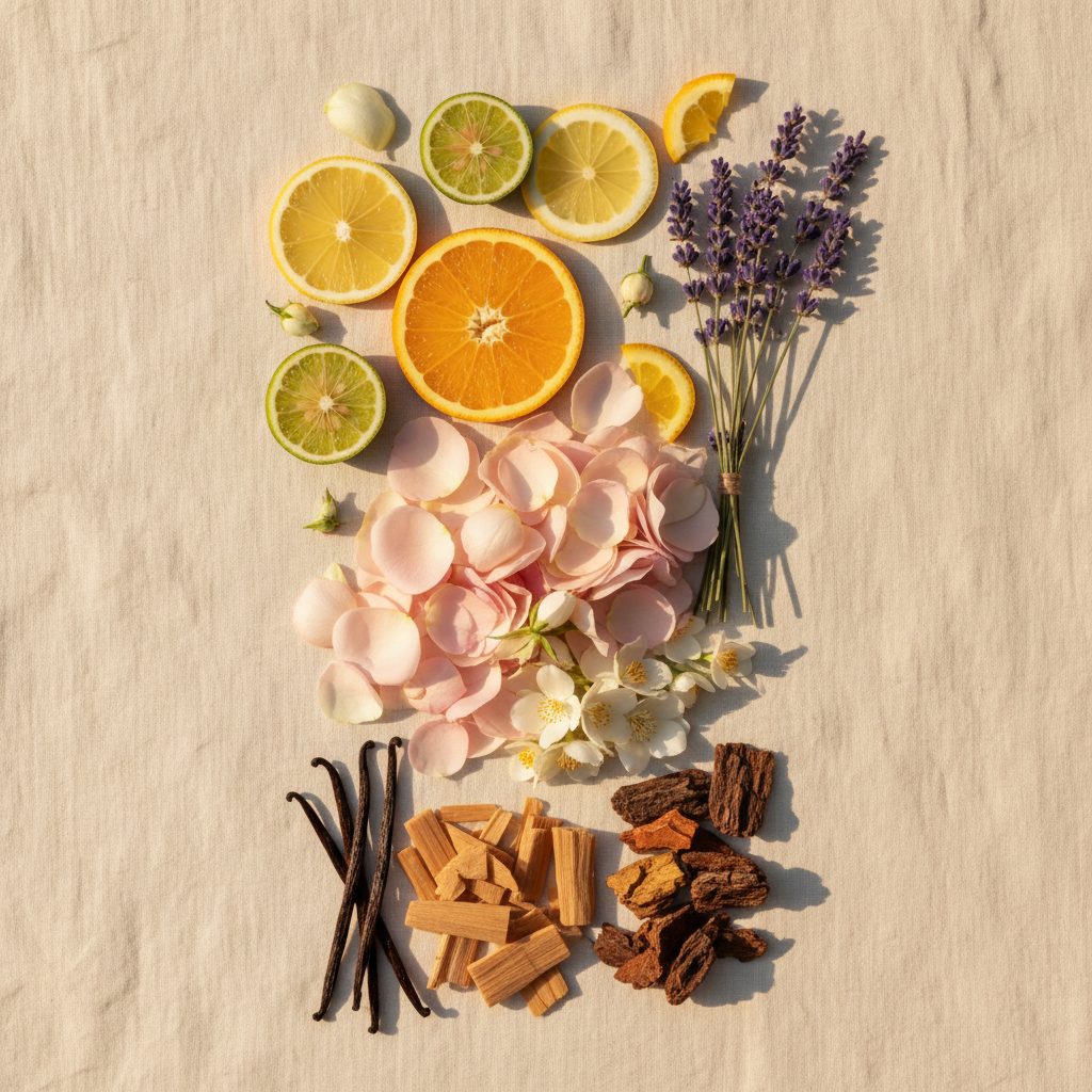 A styled flat-lay arrangement of dried botanical and citrus ingredients on a beige fabric background, including sliced oranges and limes, lavender sprigs, pale pink petals, small white flowers, vanilla beans, cinnamon sticks, and dark brown bark pieces.