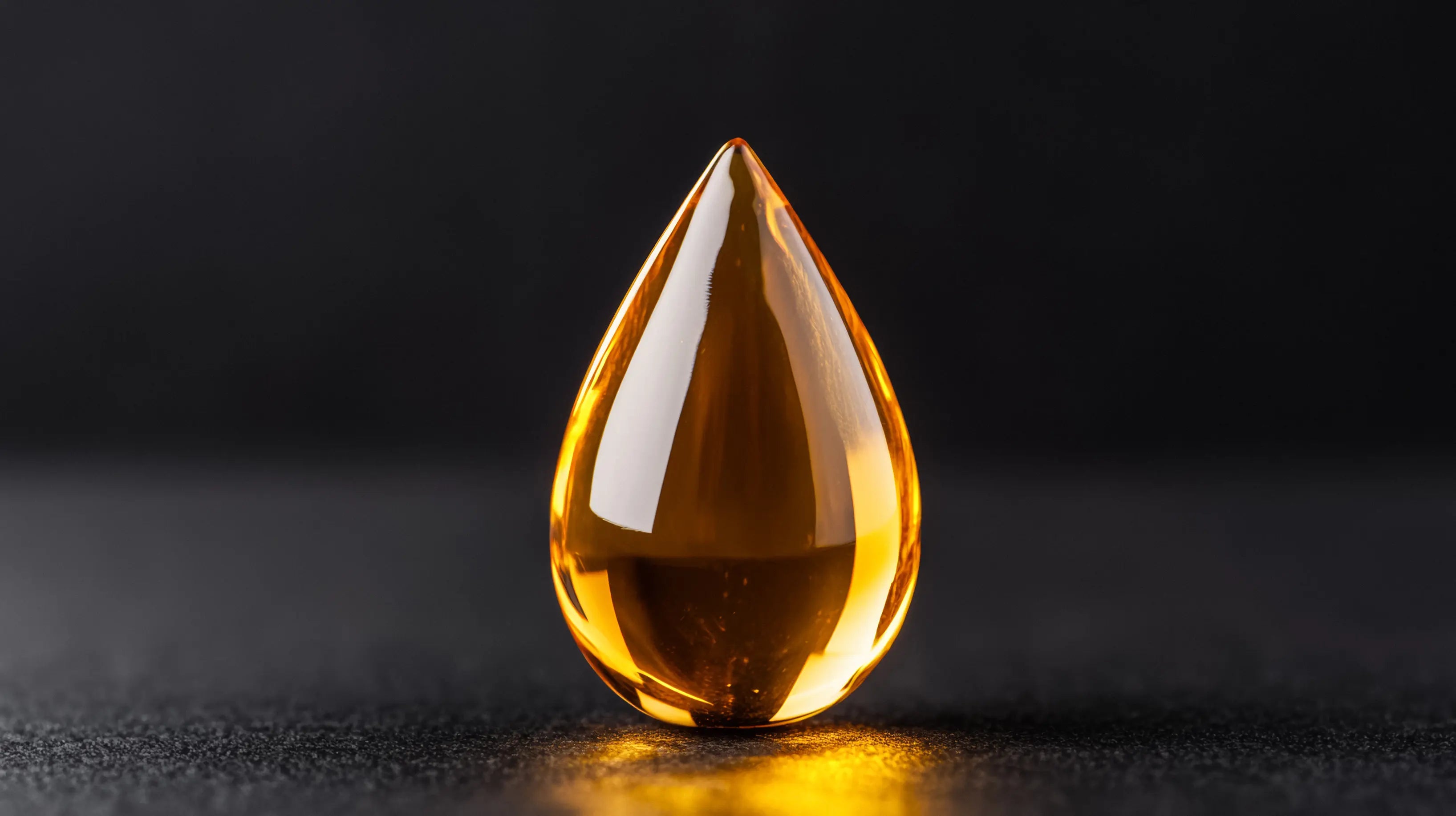 Amber-colored vitamin e oil droplet on a dark background