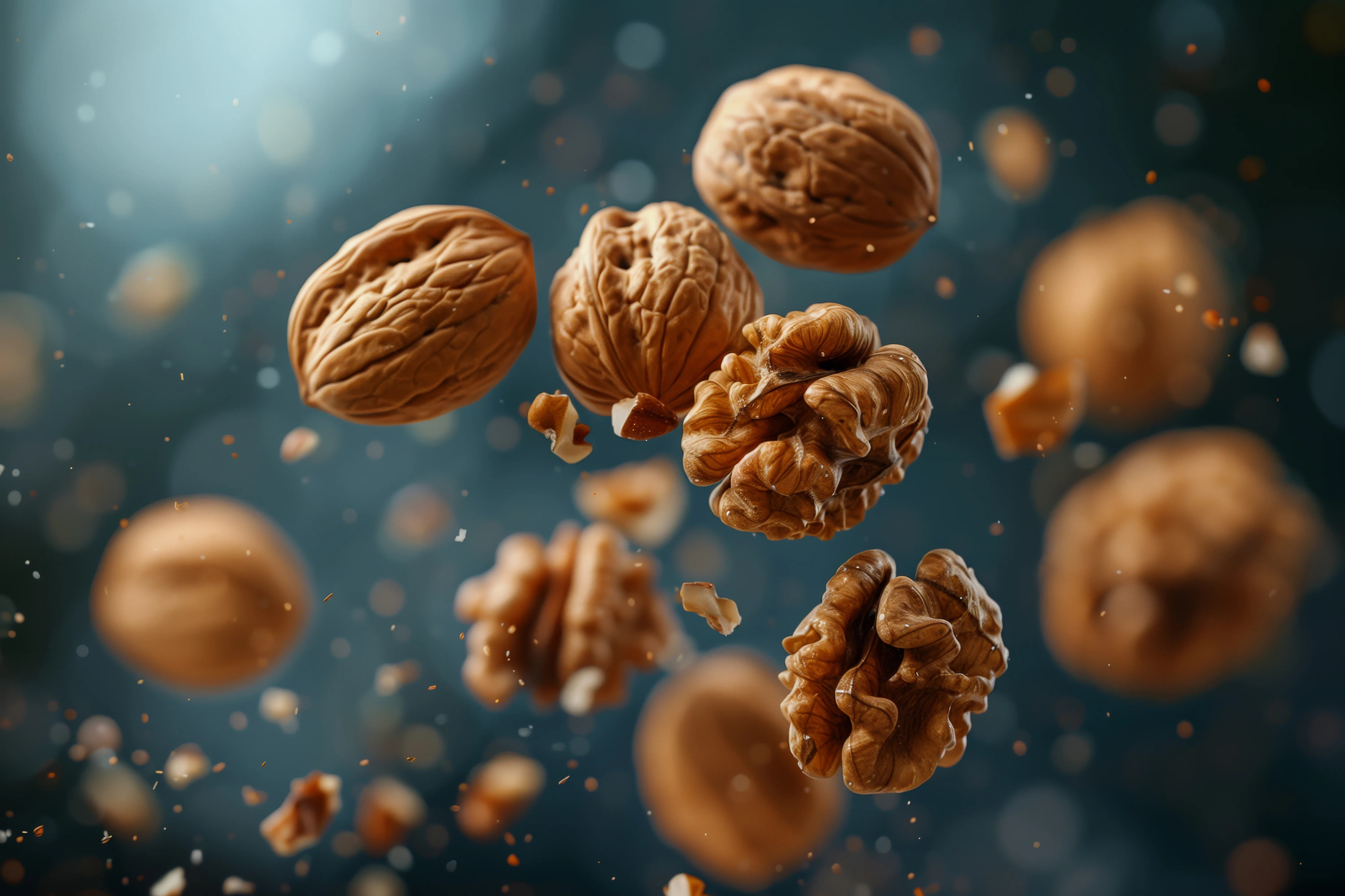 Walnuts in mid-air against a dark background