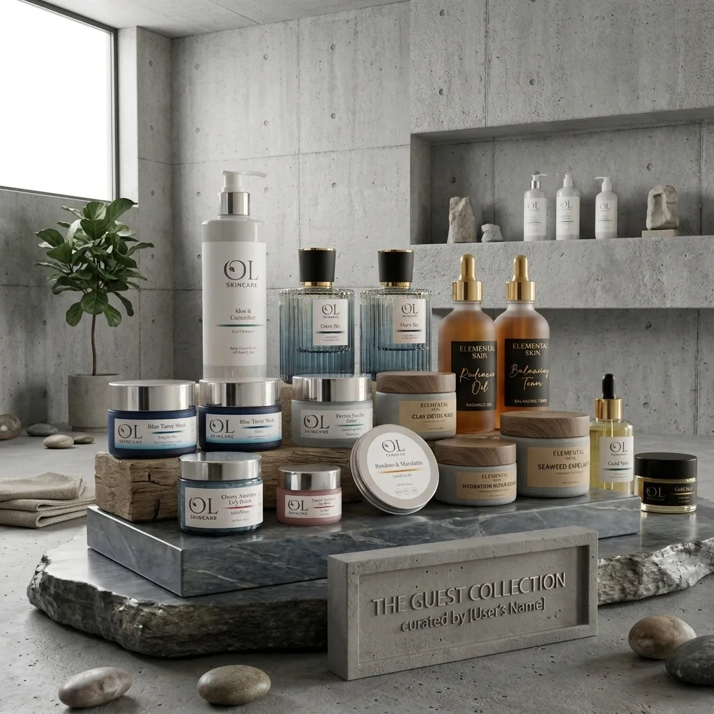 a range of white label skincare on a stone shelf