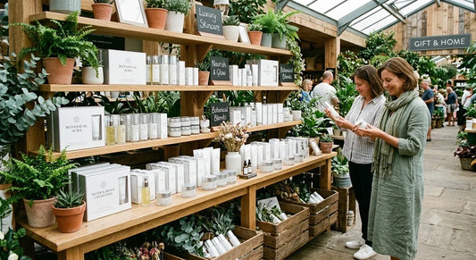 Luxury white label skincare displayed in a premium UK garden centre gift department.
