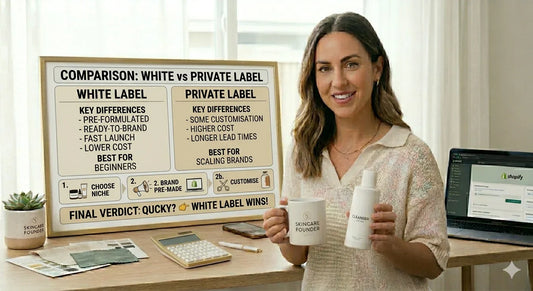 woman comparing WHITE LABEL VS PRIVATE LABEL