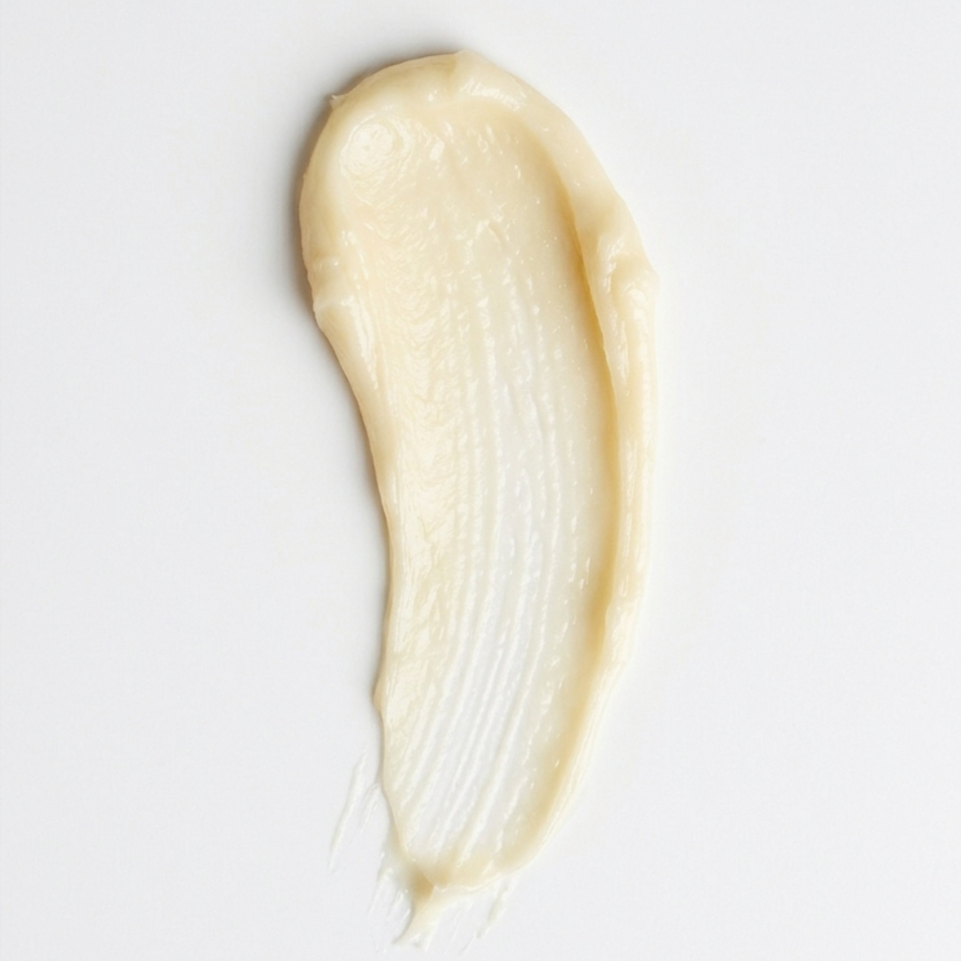 Close-up of a smooth, beige cream swatch on a light gray background