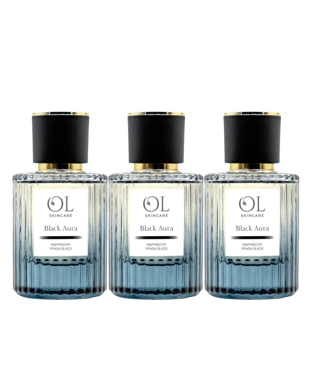 Three aftershave bottles of OL Skincare Black Aura product on a white background