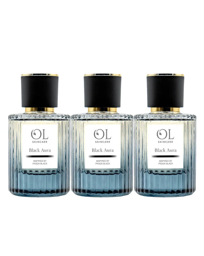 Three aftershave bottles of OL Skincare Black Aura product on a white background