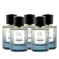 Set of five aftershaves  bottles labeled 'Black Aura' on a white background
