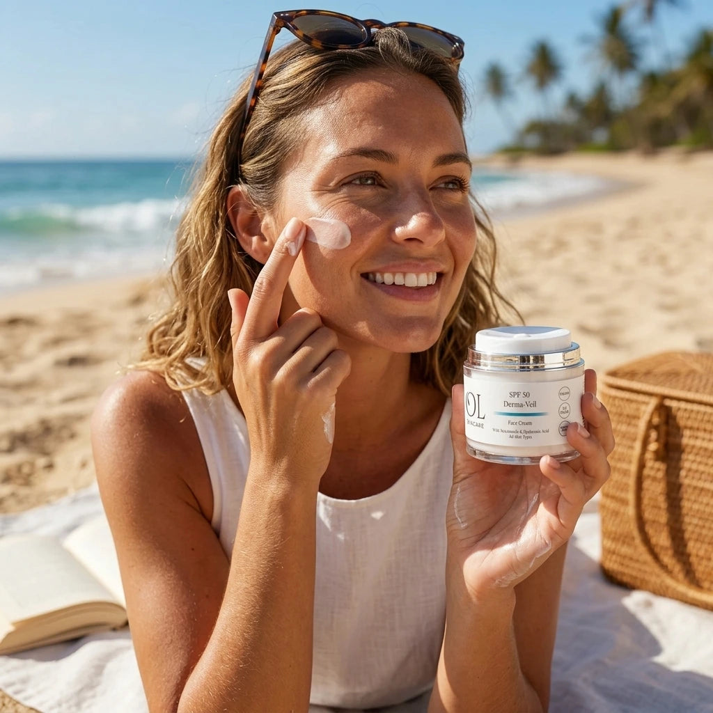 A woman on a sunny beach applies sunscreen while holding a jar of SPF 30 Physical Gel. The background shows the blue ocean, sandy beach, and a wicker bag.