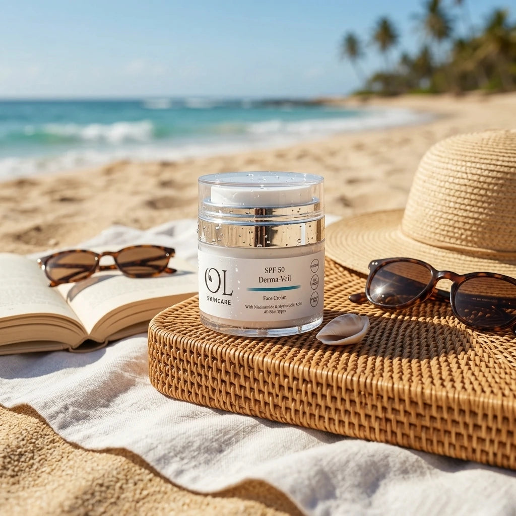 A jar of OL Skincare SPF 50 Derm-Veil sunscreen sits on a woven tray on a beach blanket, surrounded by a straw hat, sunglasses, and an open book with the ocean and palm trees in the background.
