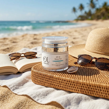 A jar of OL Skincare SPF 50 Derm-Veil sunscreen sits on a woven tray on a beach blanket, surrounded by a straw hat, sunglasses, and an open book with the ocean and palm trees in the background.