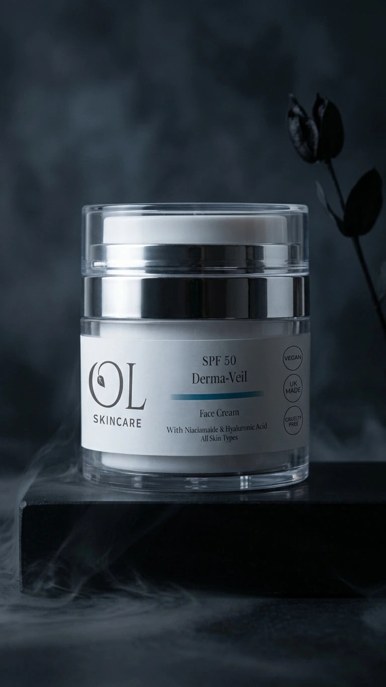 OL Skincare Derma-Veil SPF 50 Face Cream in a clear jar with a silver lid, displayed on a dark stone pedestal with a smoky background and a dark rose stem.