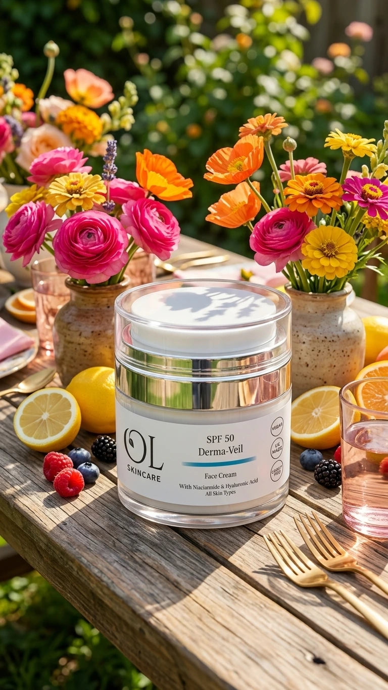 A clear cosmetic jar labeled 'OL Skincare Derma Veil SPF 50' sits on a wooden table outdoors, surrounded by flowers, lemons, berries, and gold-toned cutlery in a bright garden setting.