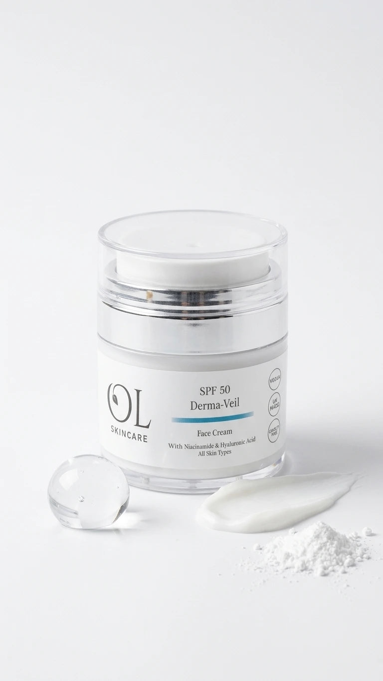 OL Skincare SPF 50 Derma Veil Face Cream in a clear jar with a white lid and label, styled on a white background with a clear gel drop, a smear of white cream, and a small pile of powder.