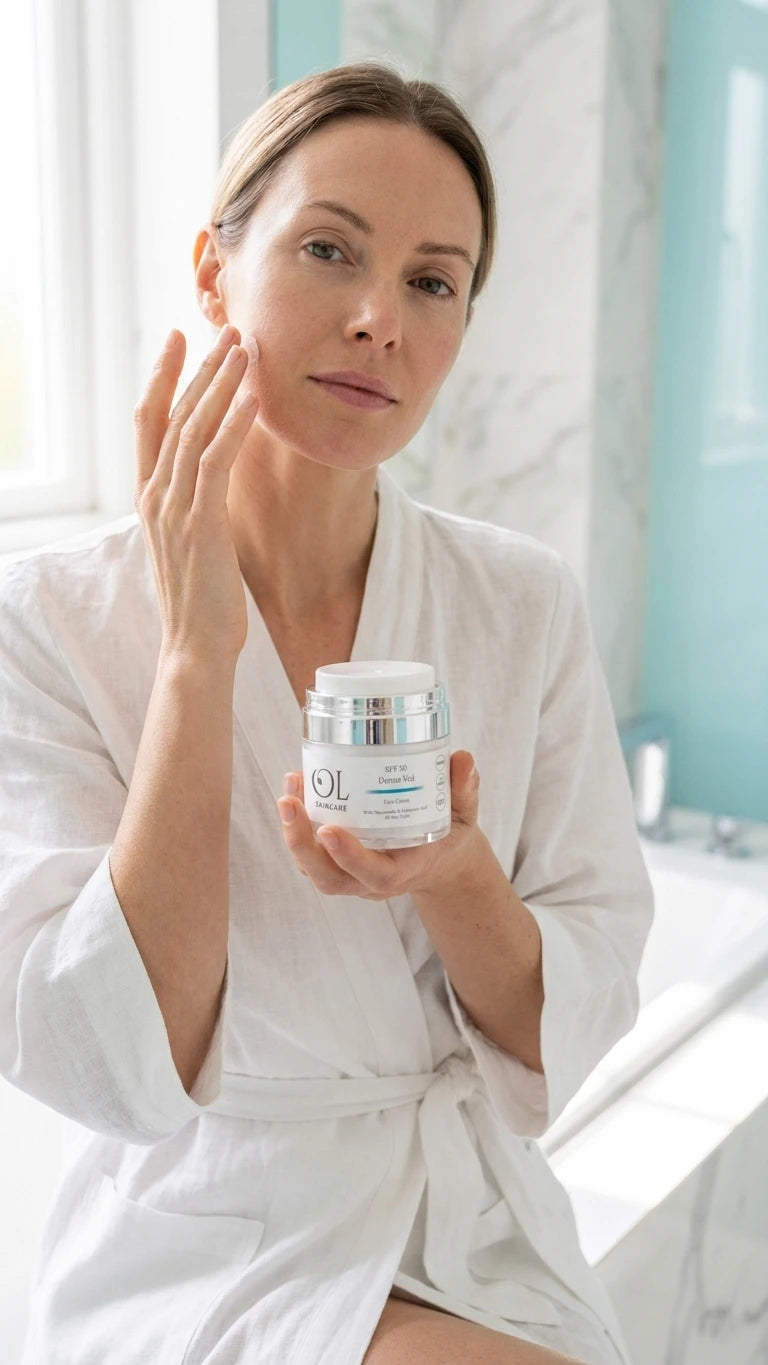 A woman in a white robe applies cream to her face while holding a white cosmetic jar with a silver lid in a bright bathroom setting.