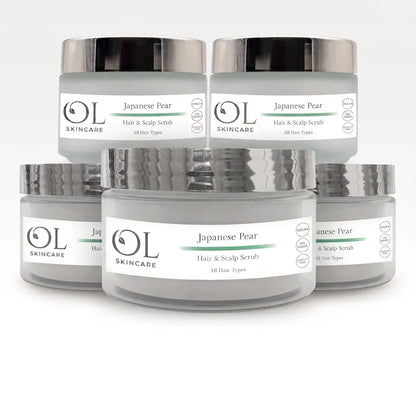 Five jars of OL Skincare Japanese Pear Hair & Scalp Scrub arranged in a studio composition on a white background.