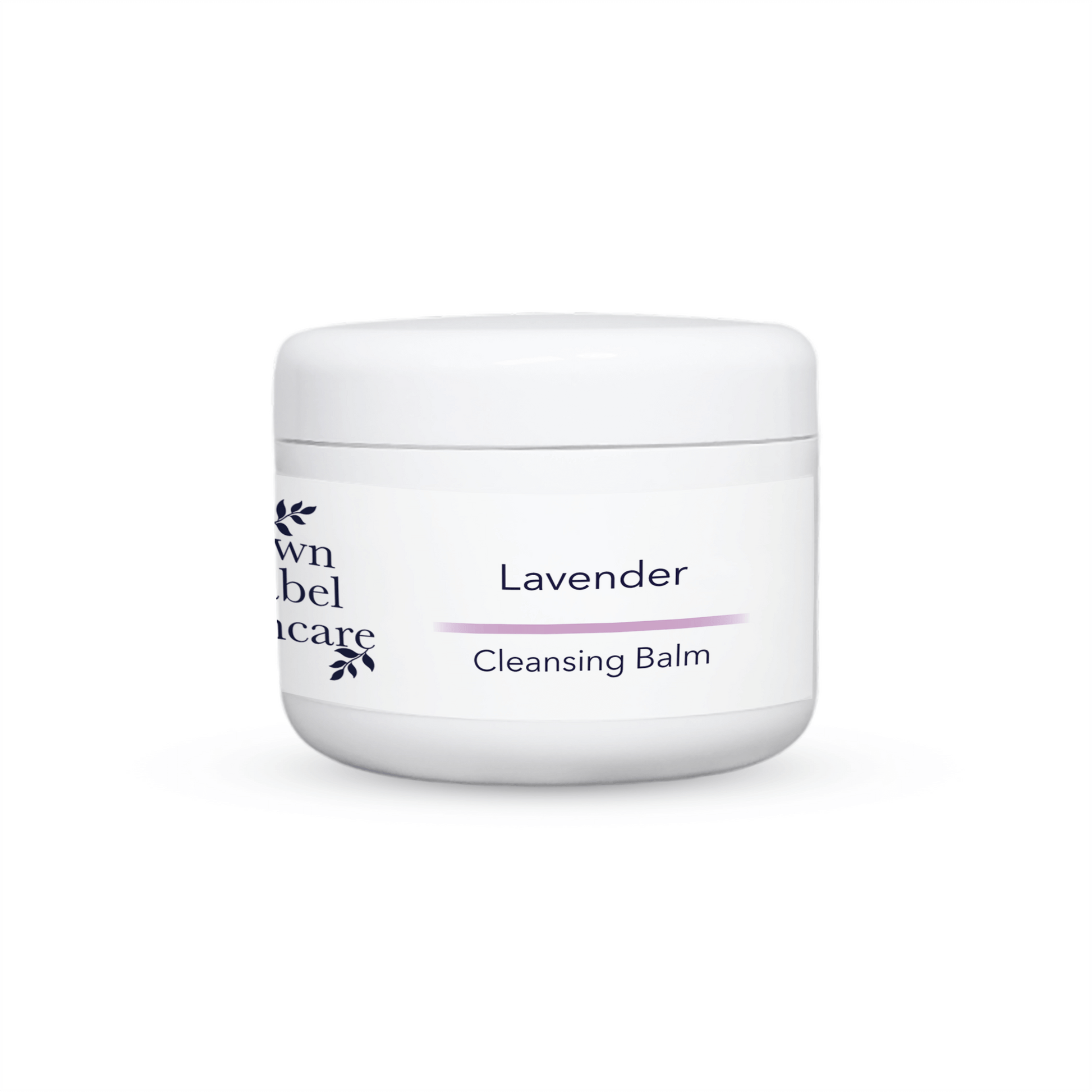 lavender face cleansing balm. cleansing balm in a white jar on a white back drop, vegan facial cleanser balm, facial balm, vegan cleasing balm in private label, white label skincare, own brand skincare balm, 