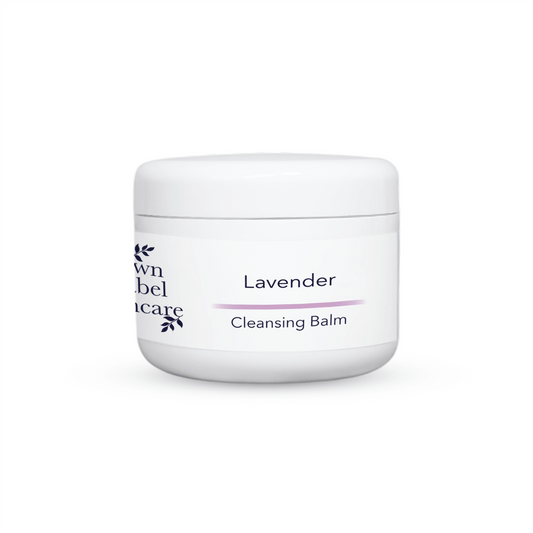 lavender face cleansing balm. cleansing balm in a white jar on a white back drop, vegan facial cleanser balm, facial balm, vegan cleasing balm in private label, white label skincare, own brand skincare balm, 