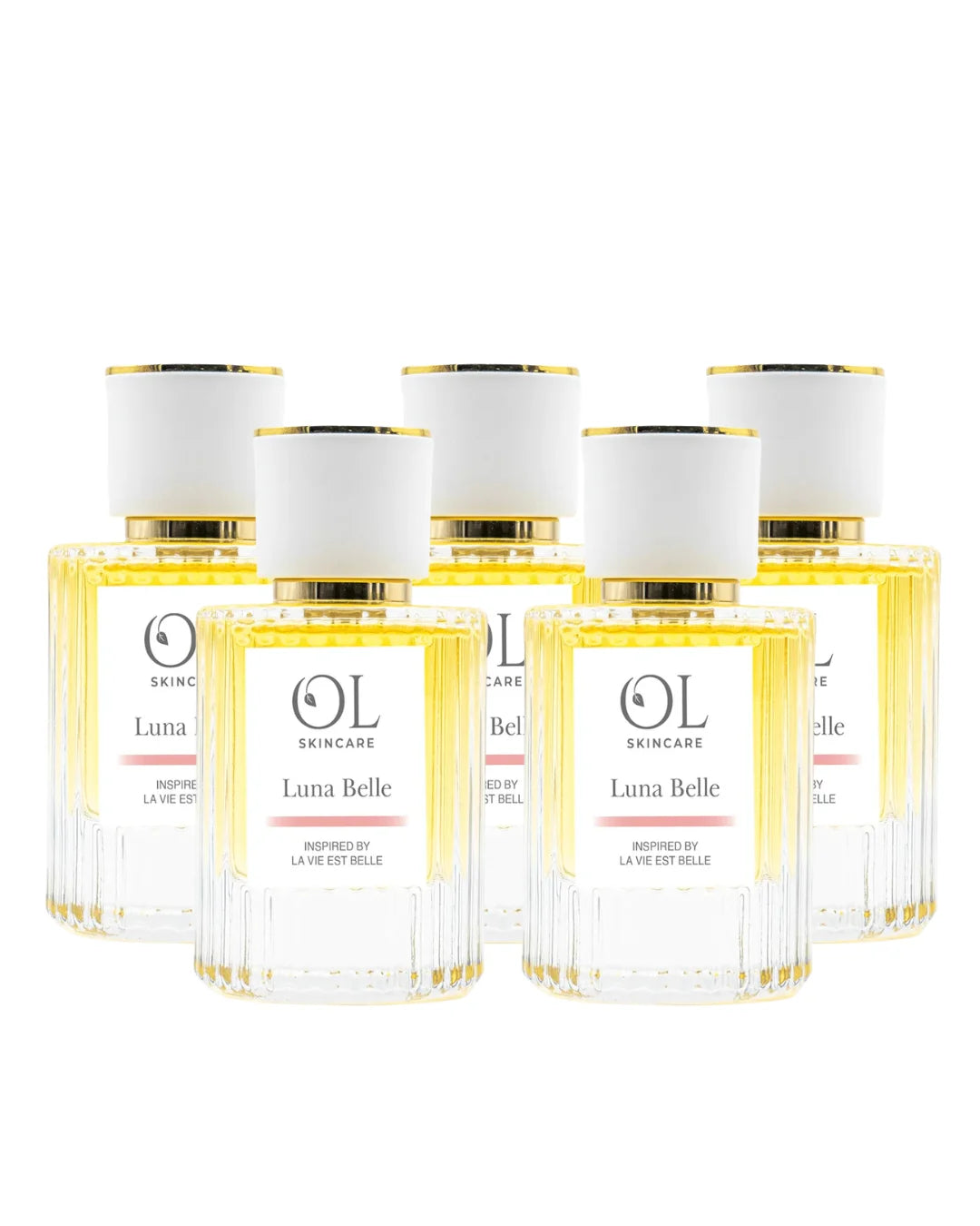 Five bottles of Luna Belle perfume on a white background