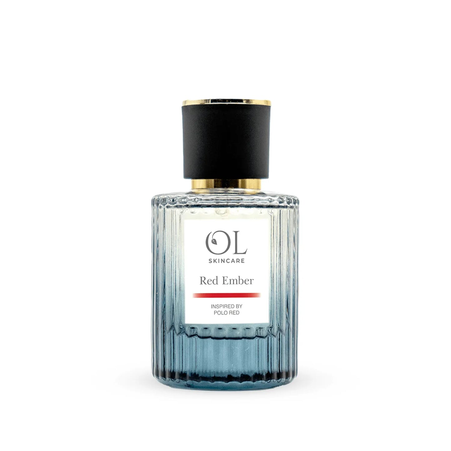 perfume bottle labeled 'Red Ember' by OL Skincare on a white background inspired by polo rouge