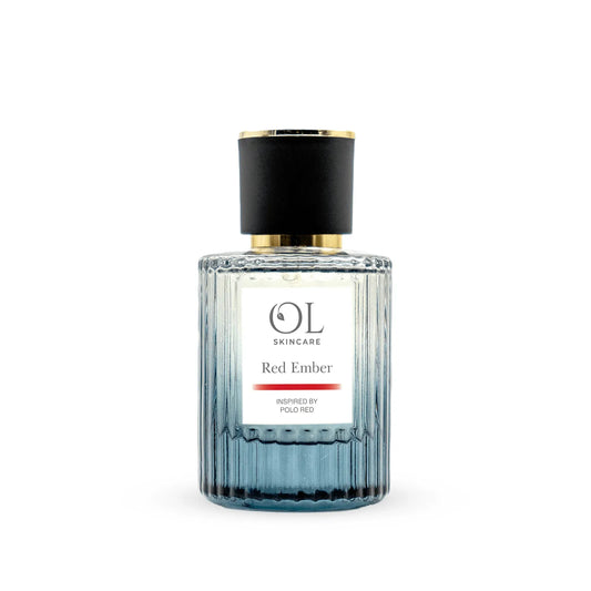 perfume bottle labeled 'Red Ember' by OL Skincare on a white background inspired by polo rouge