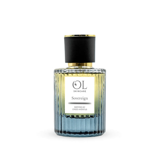 bottle of perfume labeled 'Sovereign' by OL Skincare on a white background