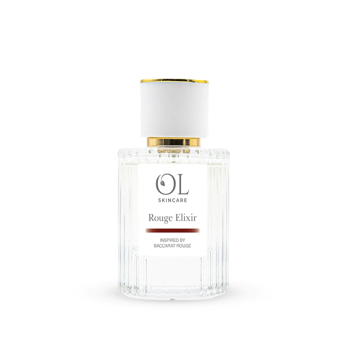 Skincare bottle labeled 'OL Skincare Rouge Elixir' on a white background